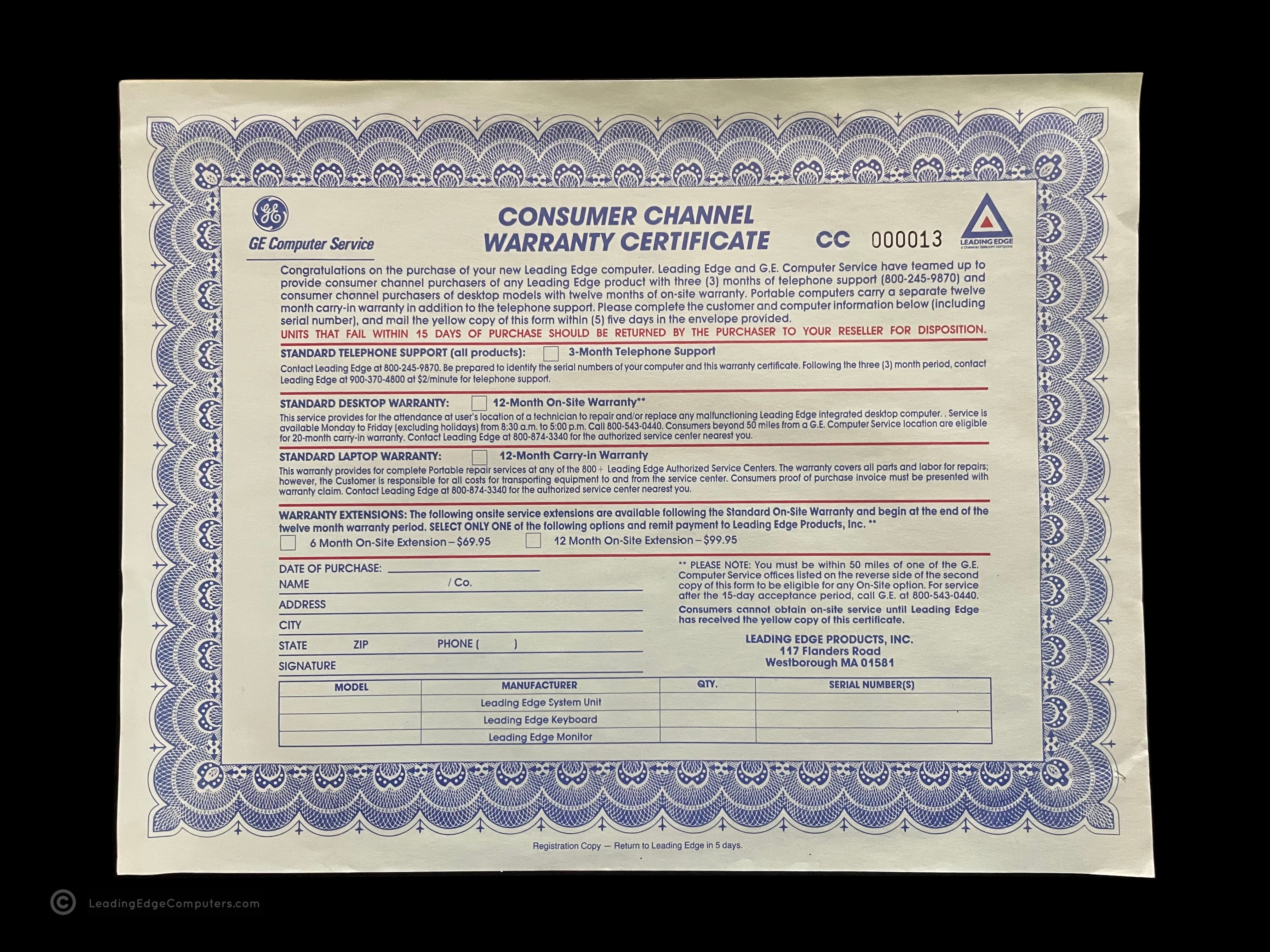 main copy of the consumer channel warranty certificate