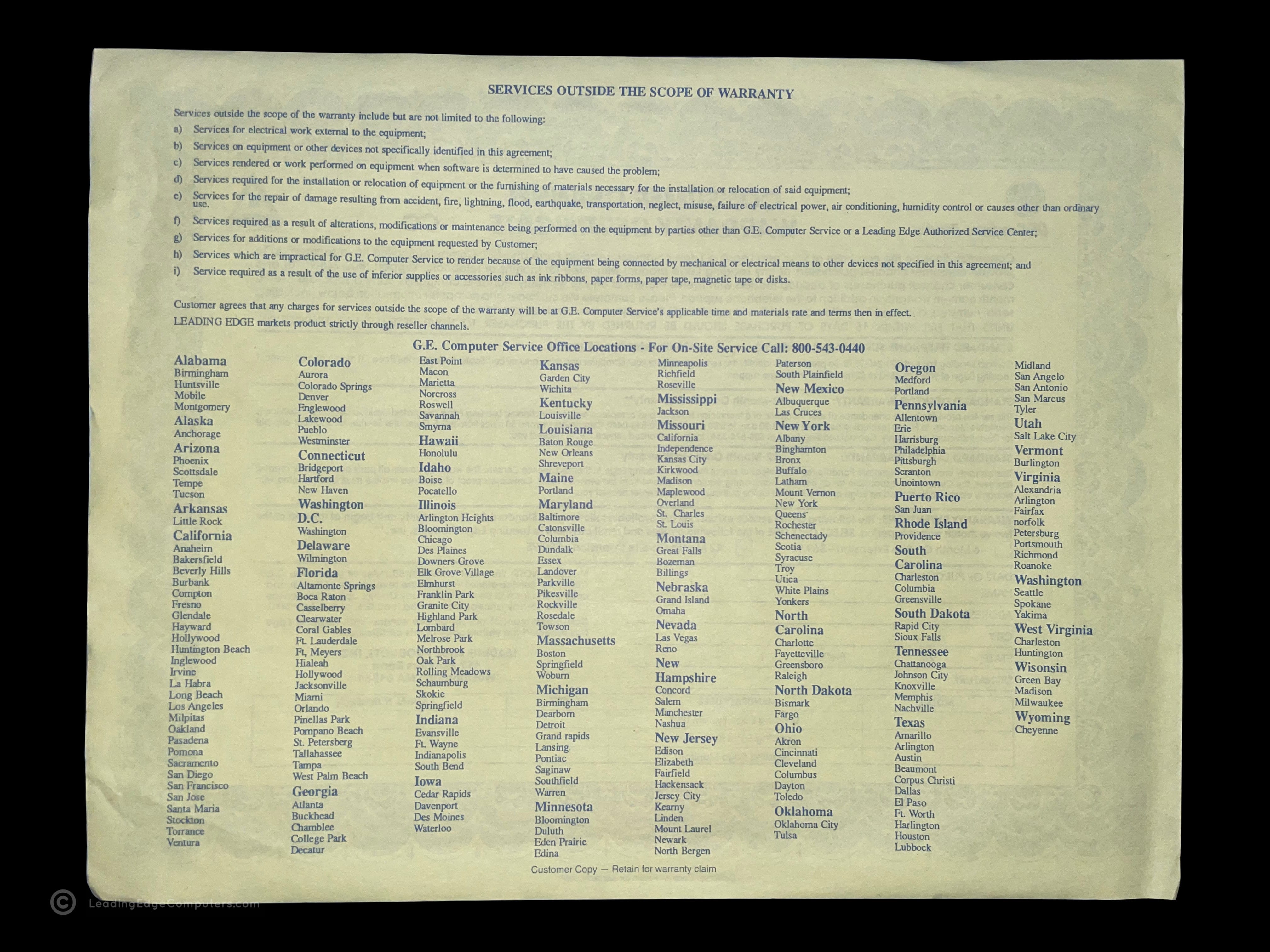 back side of the carbon copy showing services available out of warranty