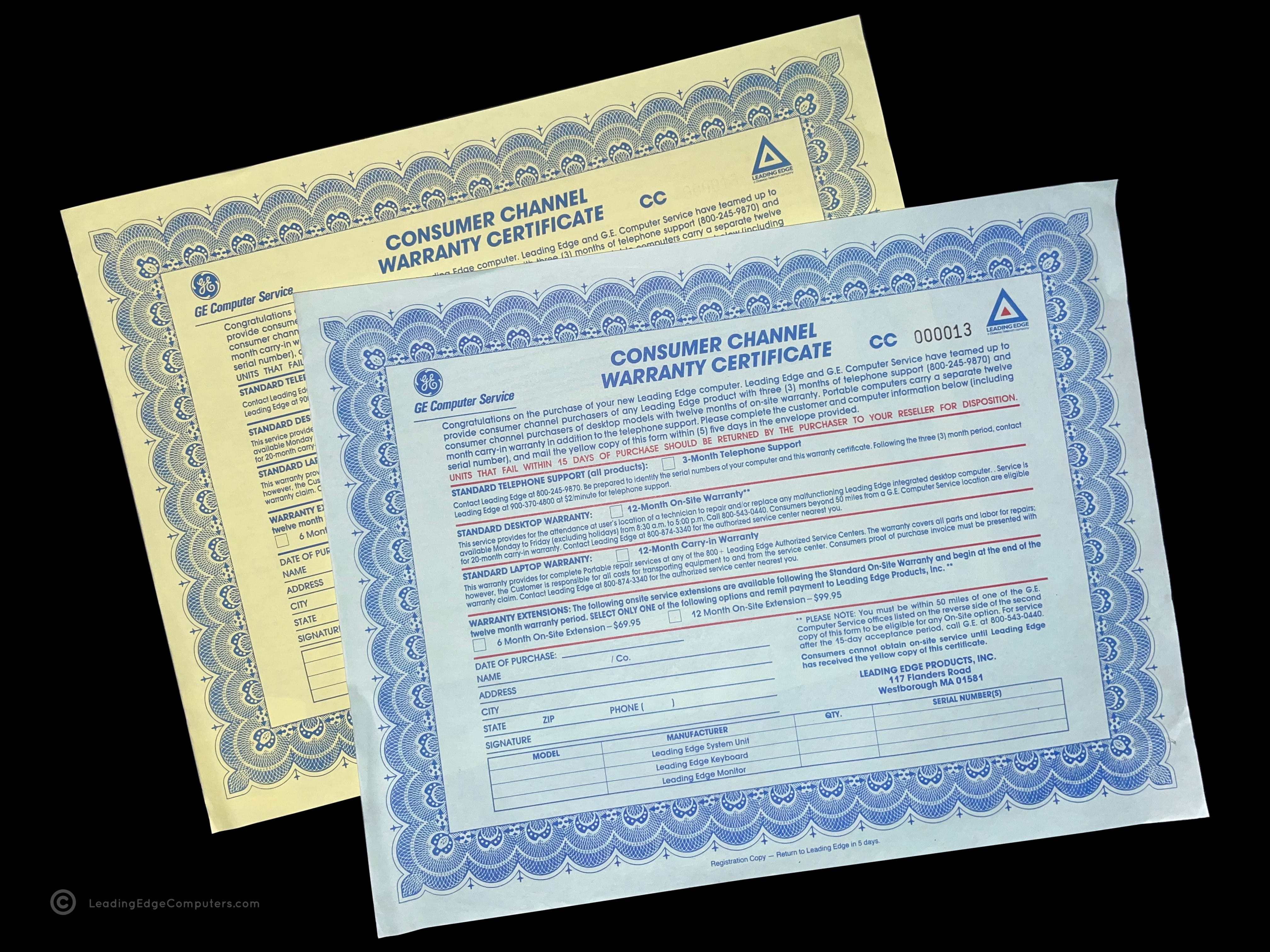 main and carbon copies of the consumer channel warranty certificate
