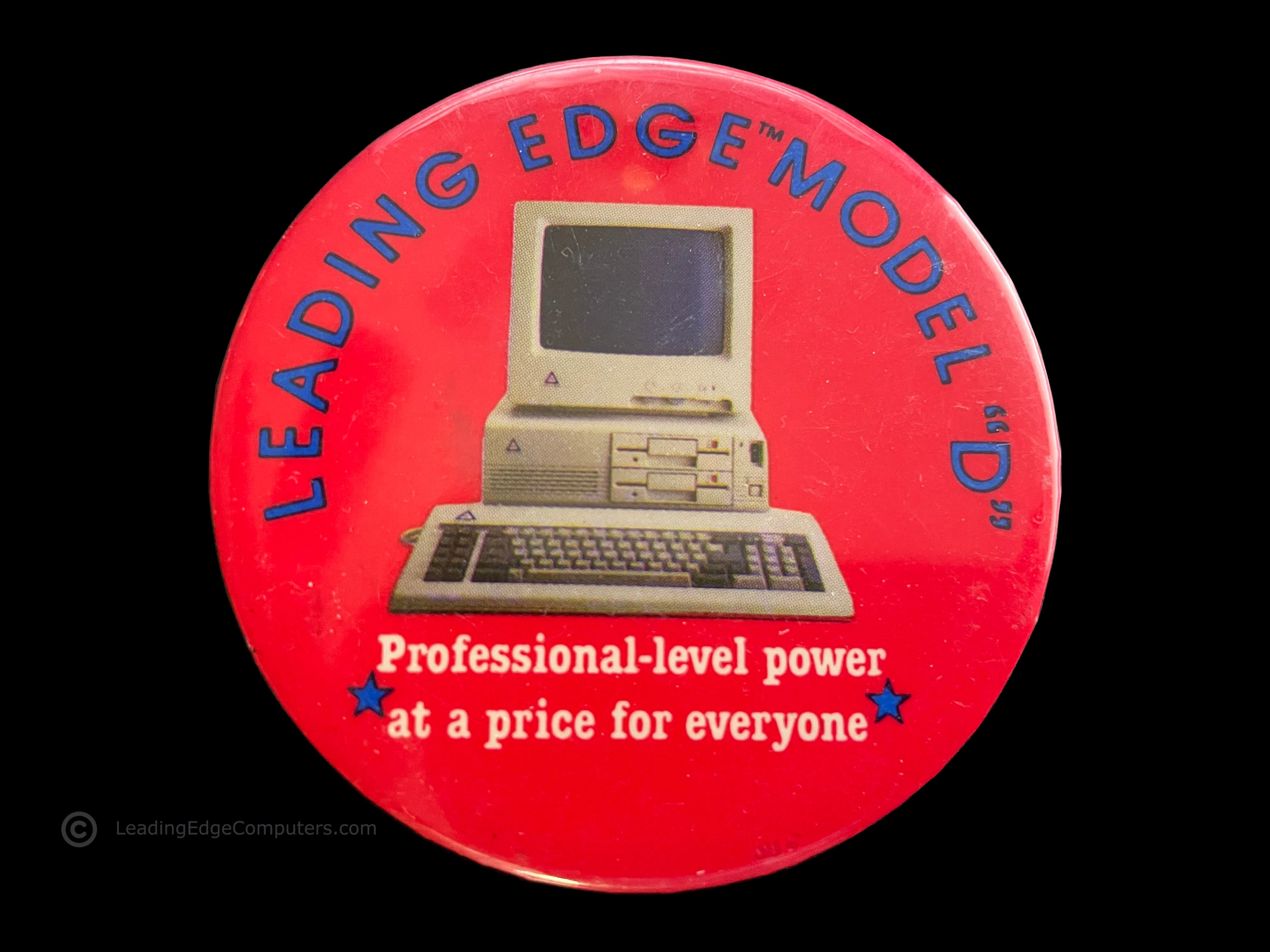 the front of the model d promotional button showing the computer and slogan