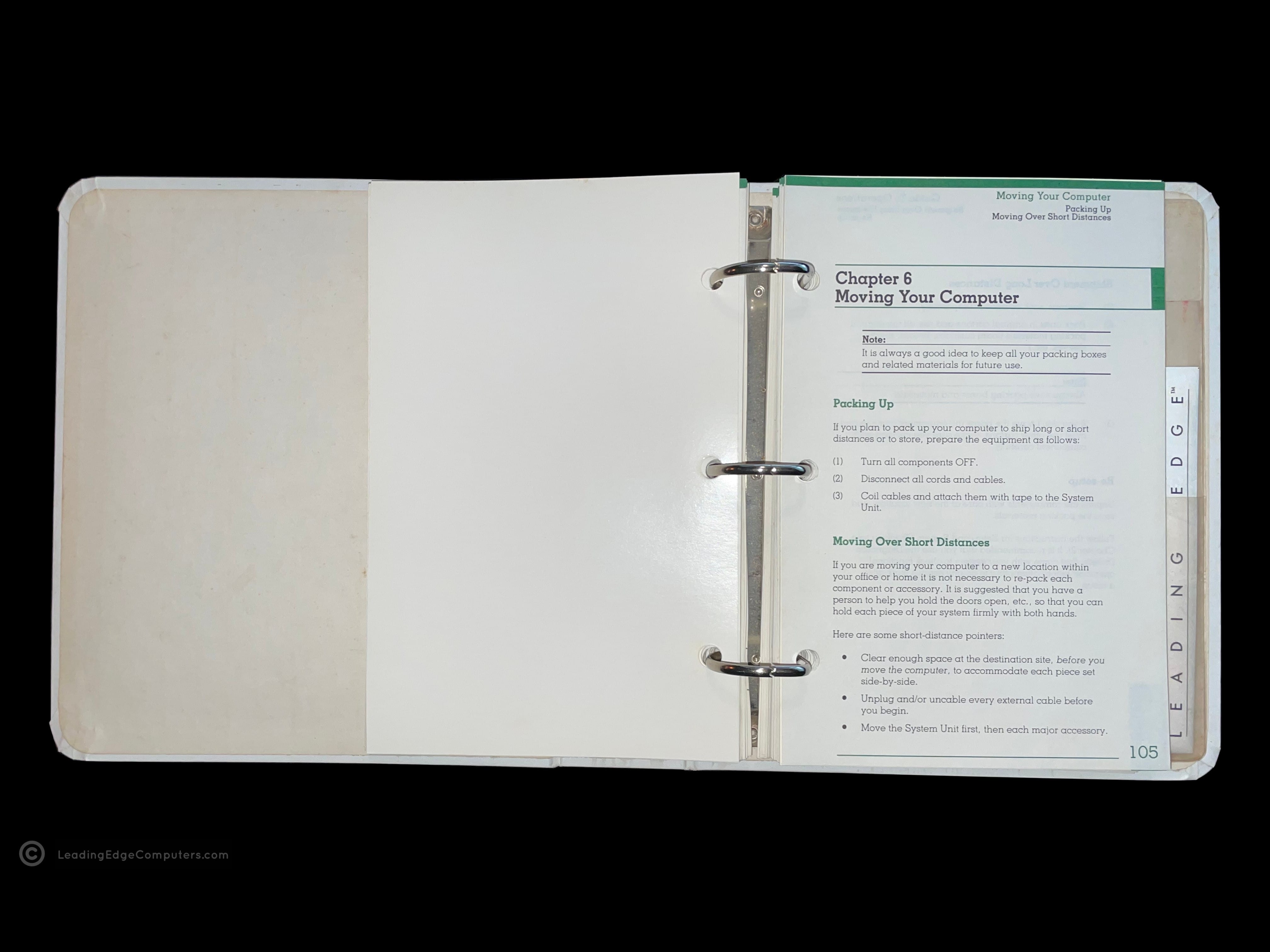 A photo of the Leading Edge Operator's Guide page one of chapter six of the Technical Reference Manual, called moving your computer