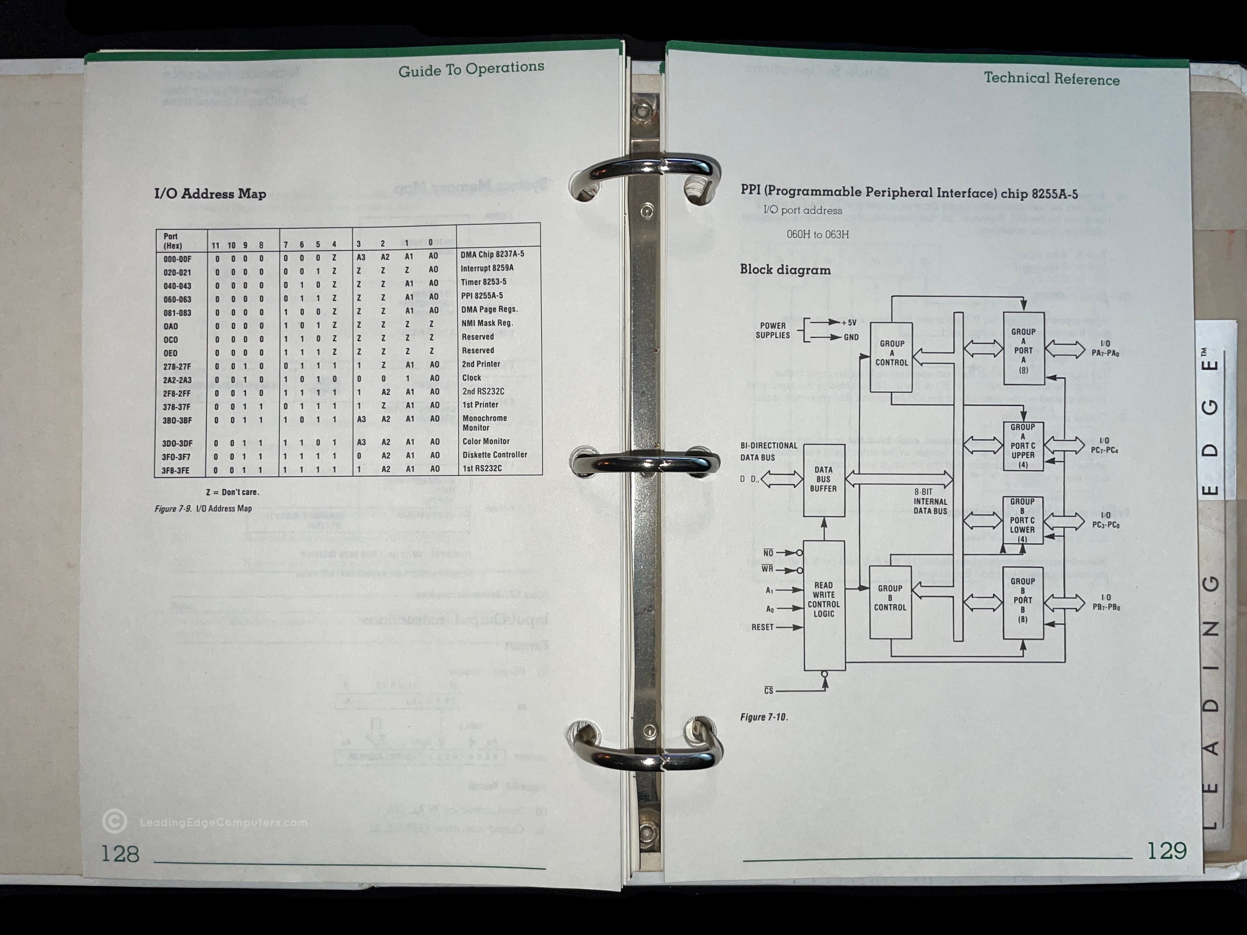 A photo of the Leading Edge Operator's Guide Technical Reference Manual opened to page 128 showing I/O address mapping