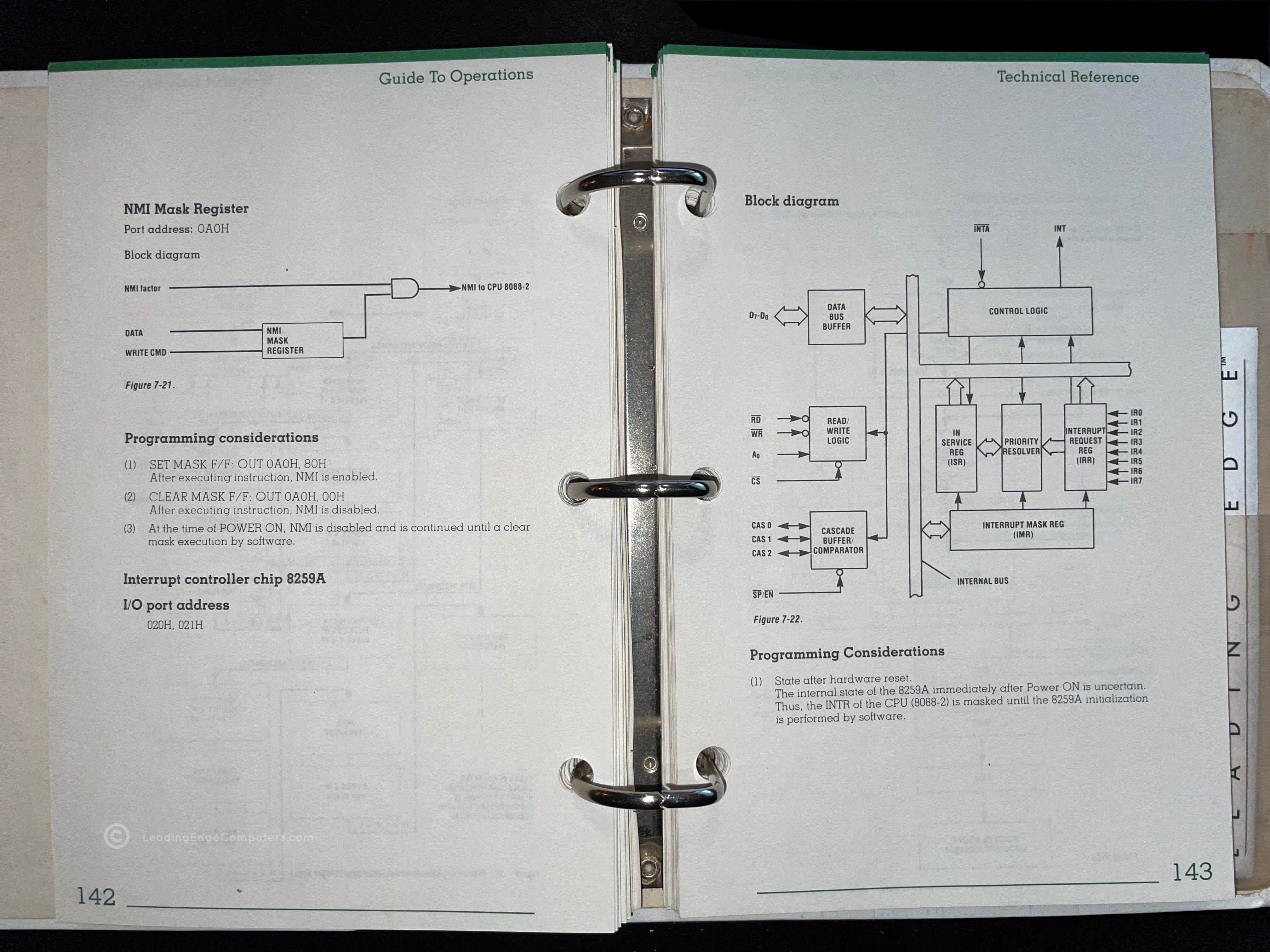 A picture of the Technical Reference Manual opened to page 142 showing a block diagram of the computer's logic