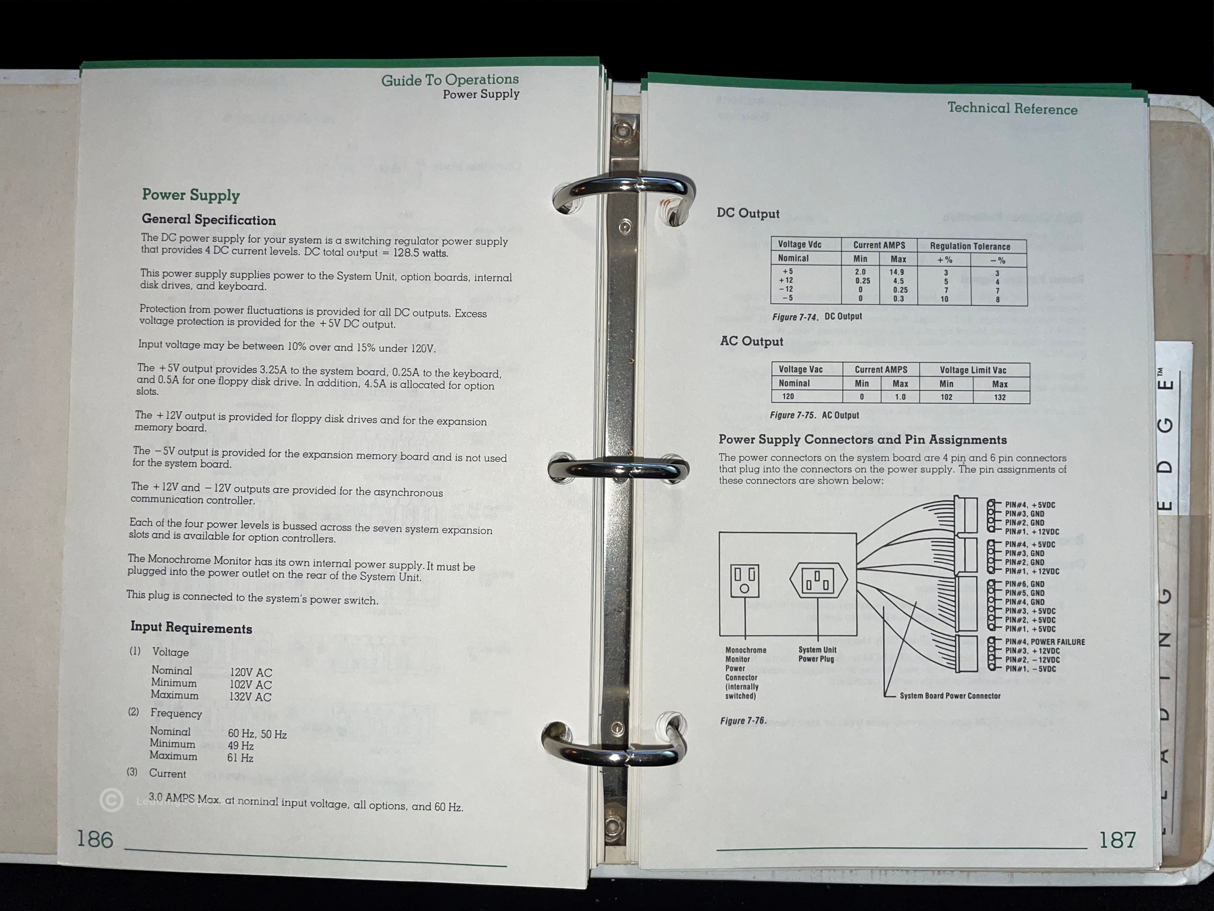 A photo of the Technical Reference Manual opened to page 186, discussing the power supply for the Model M computer