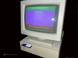 fortiva 3000 computer powered on in the bios with a floppy disk sticking out of the floppy drive