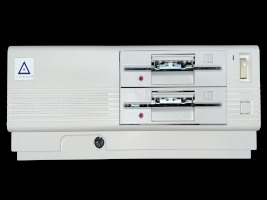 a front view of the model d computer without a monitor, this one sporting two 5.25 inch floppy drives