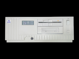 a front view of the model d2 plus dc-2511 computer without a monitor, perfectly illustrating the styling of the age